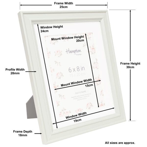 White photo frame with dimensions and measurements shown.