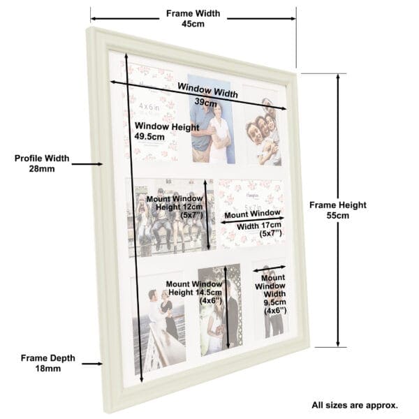 White picture frame with approximate measurements.