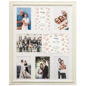 Collage of various framed family and couple photos.