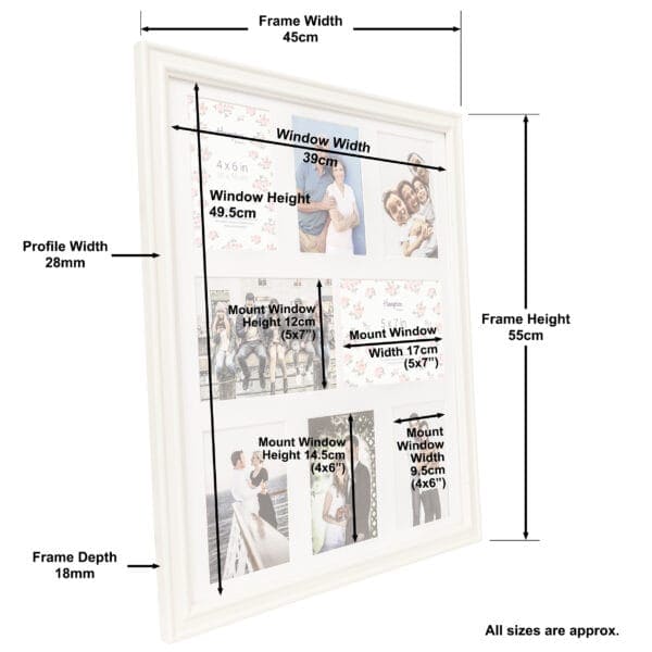 Dimensions and layout of white photo frame.