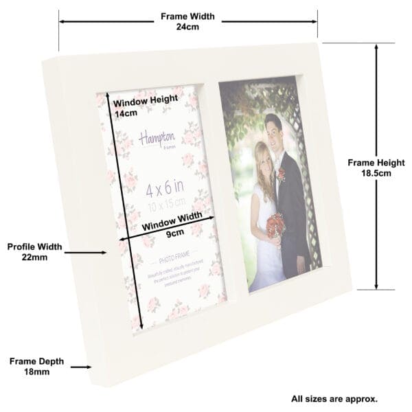 Double photo frame dimensions with wedding photo.