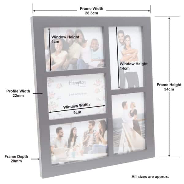 Multi-photo frame with measurements and dimensions shown.