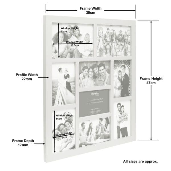 White collage photo frame with measurements displayed.