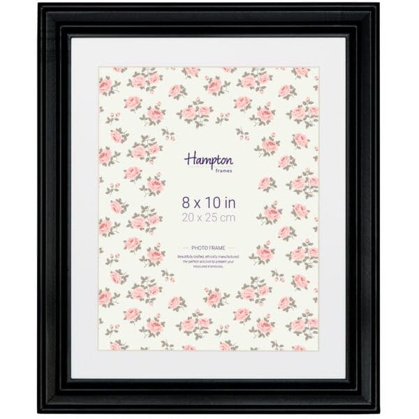 Black photo frame with floral design insert, 8x10 inches.