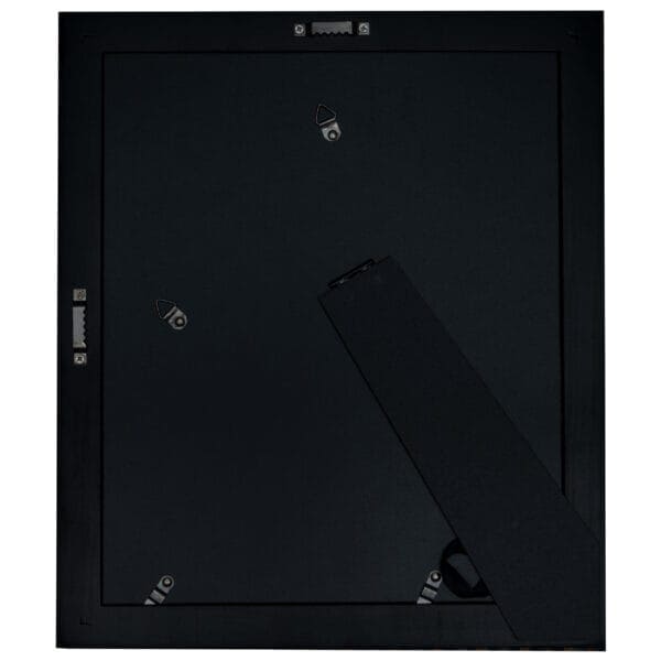 Back of black photo frame with stand.