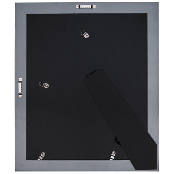 Back of black picture frame with stand and clasps.