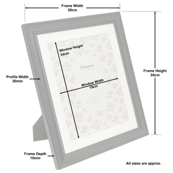 Grey photo frame with dimensions labelled in centimetres.