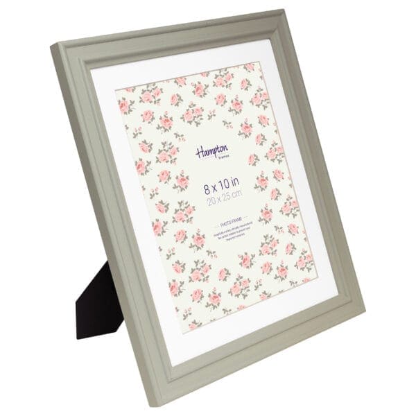 Grey photo frame with floral pattern insert.