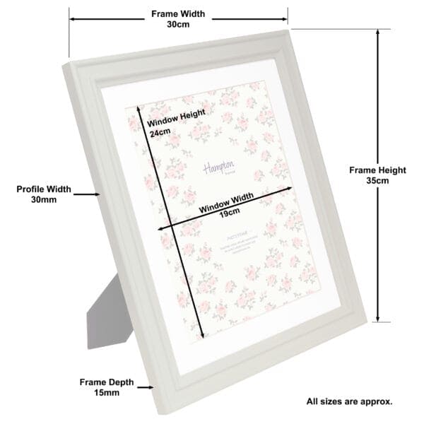 White photo frame dimensions with floral background.