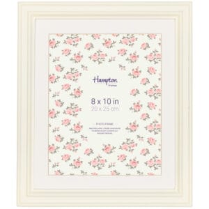 White photo frame with floral background, 8x10 inches.