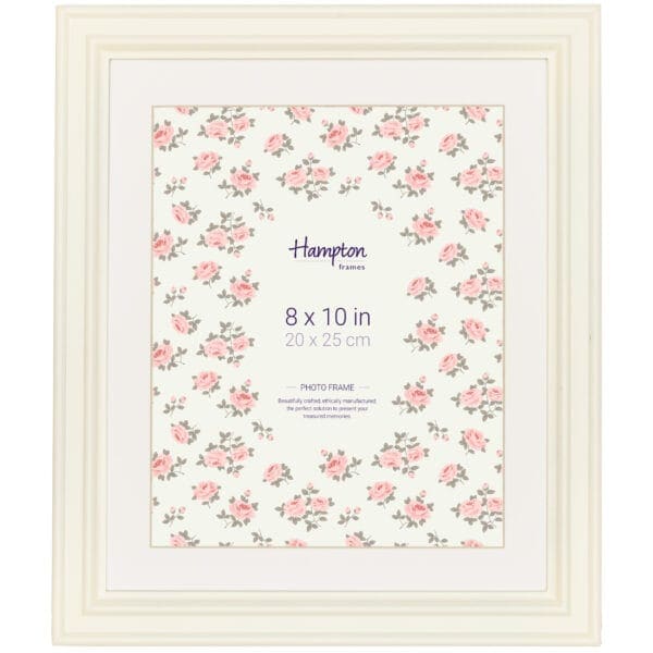 White photo frame with floral background, 8x10 inches.