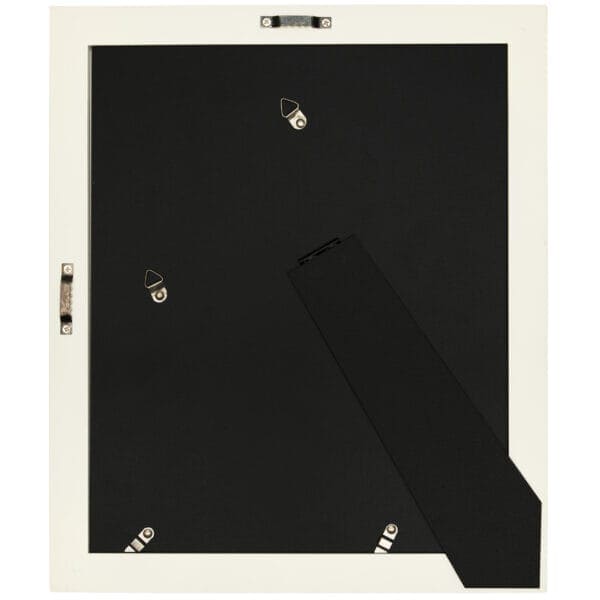 Black picture frame backside with hanging hooks.