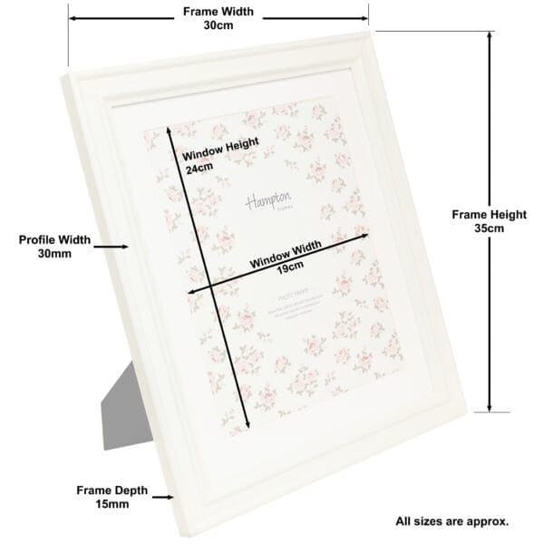 White photo frame with dimensions and measurements shown.
