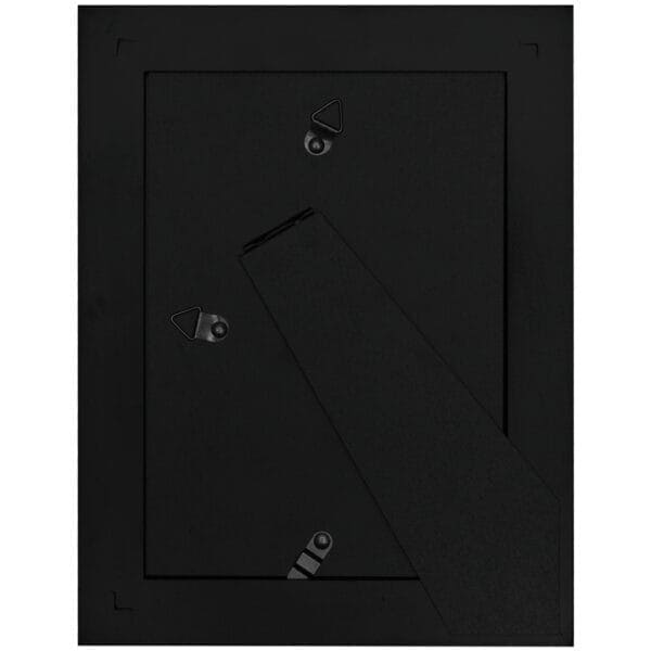 Back of black photo frame with stand.
