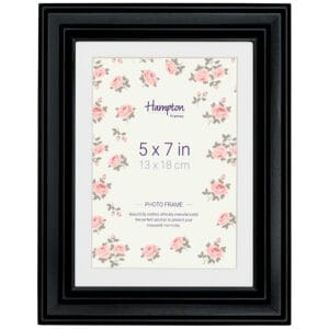 Black photo frame with floral design insert, 5x7 inch.