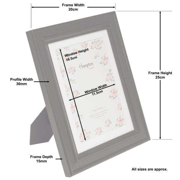 Grey photo frame with detailed size measurements.
