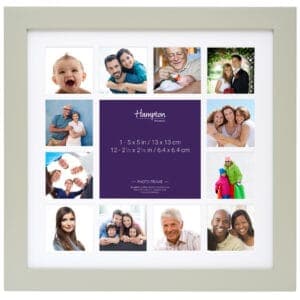 Multi-photo frame displaying diverse family photos.