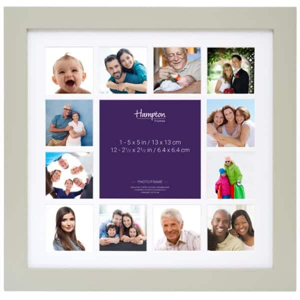 Multi-photo frame displaying diverse family photos.