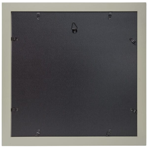 Back of black picture frame, hanging clips visible.