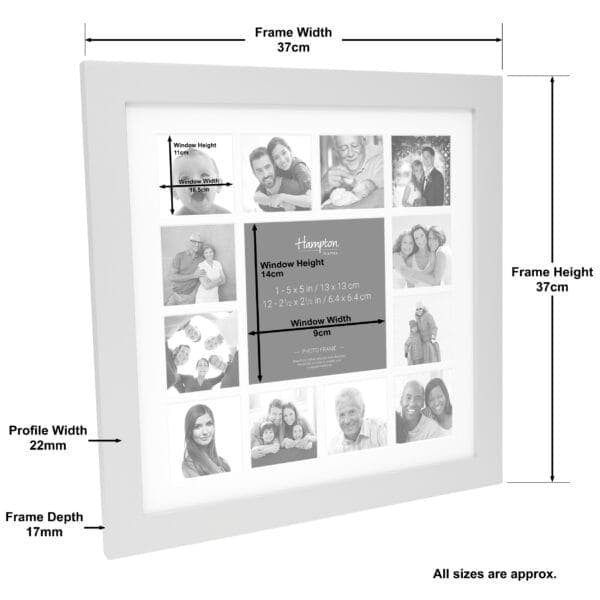 White photo frame with dimensions and multi-photo layout.