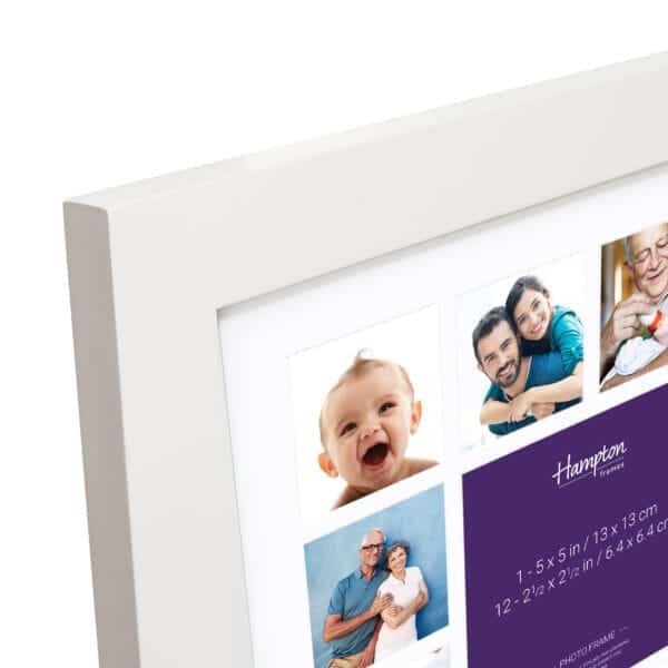 White photo frame displaying various family photos.