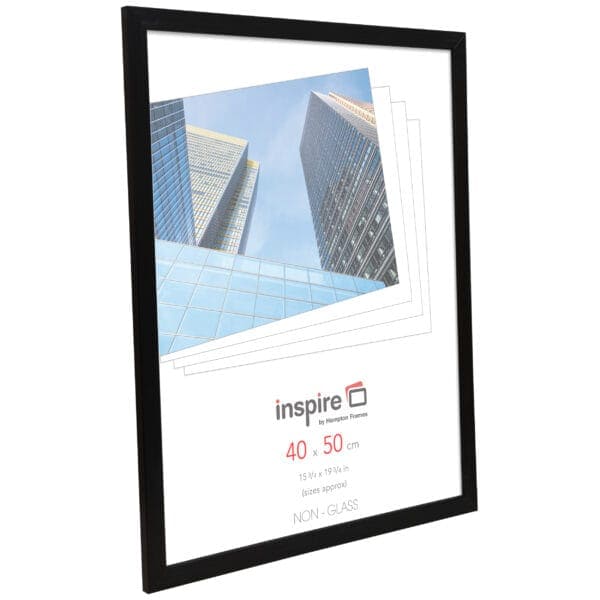 Black picture frame with city building image.