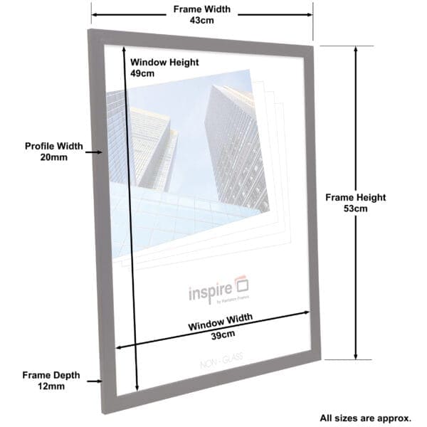 Picture frame dimensions with skyscraper photo shown.