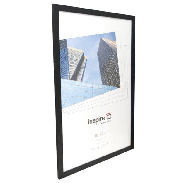 Black Inspire picture frame with skyscraper image.