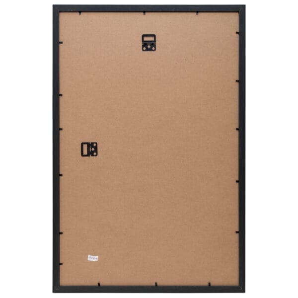 Backside of large black picture frame with wall mounts.