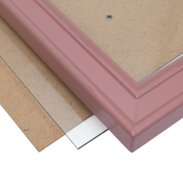 Pink photo frame with glass and backing board.