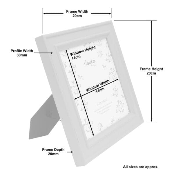 White photo frame with dimensions annotated.