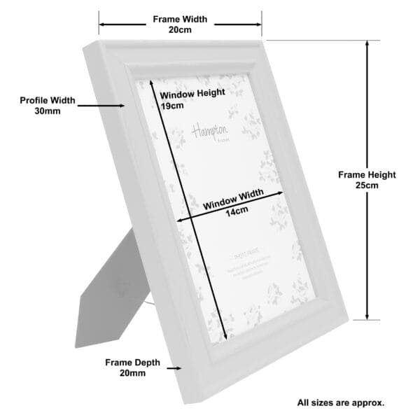 White photo frame with detailed dimensions and specifications.
