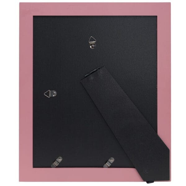 Back view of pink photo frame with stand.
