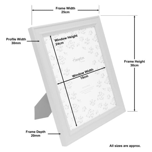 White photo frame with measurements and dimensions.