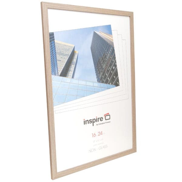 Wooden picture frame with modern building photo.