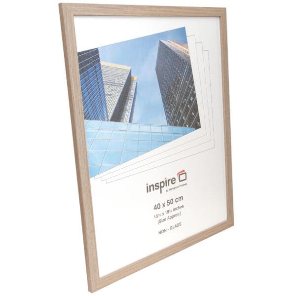 Wooden non-glass frame with cityscape picture.