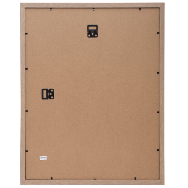 Back view of wooden picture frame with hooks.