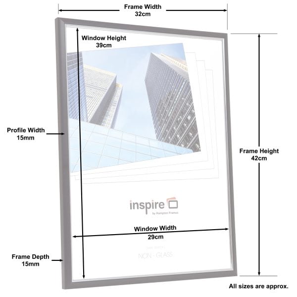 Grey photo frame with labelled dimensions diagram