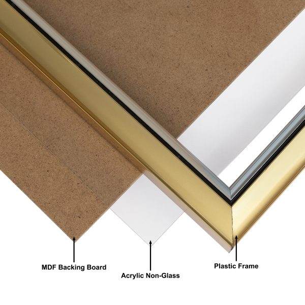 Picture frame corner showing layered construction materials