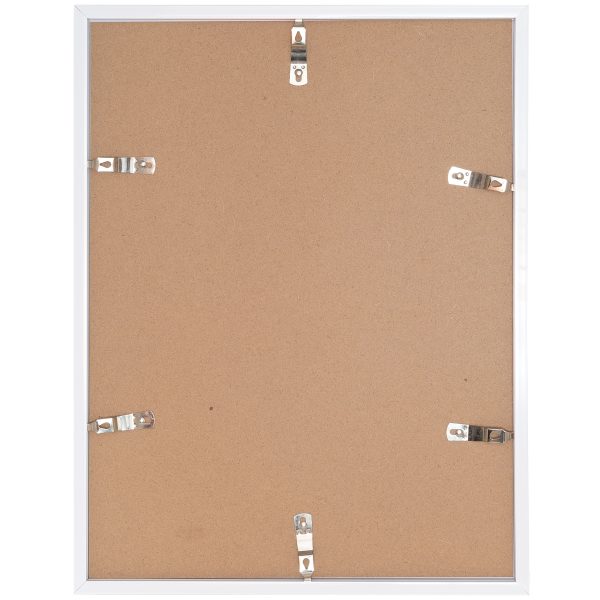 Back of white photo frame with metal clips