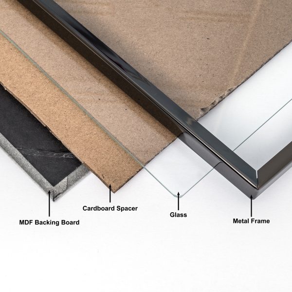 Picture frame layers: MDF, spacer, glass, metal