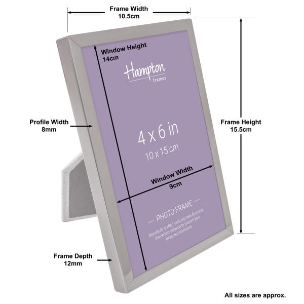 4x6 inch silver photo frame with dimensions labelled