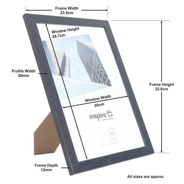 Grey A4 photo frame with labelled dimensions