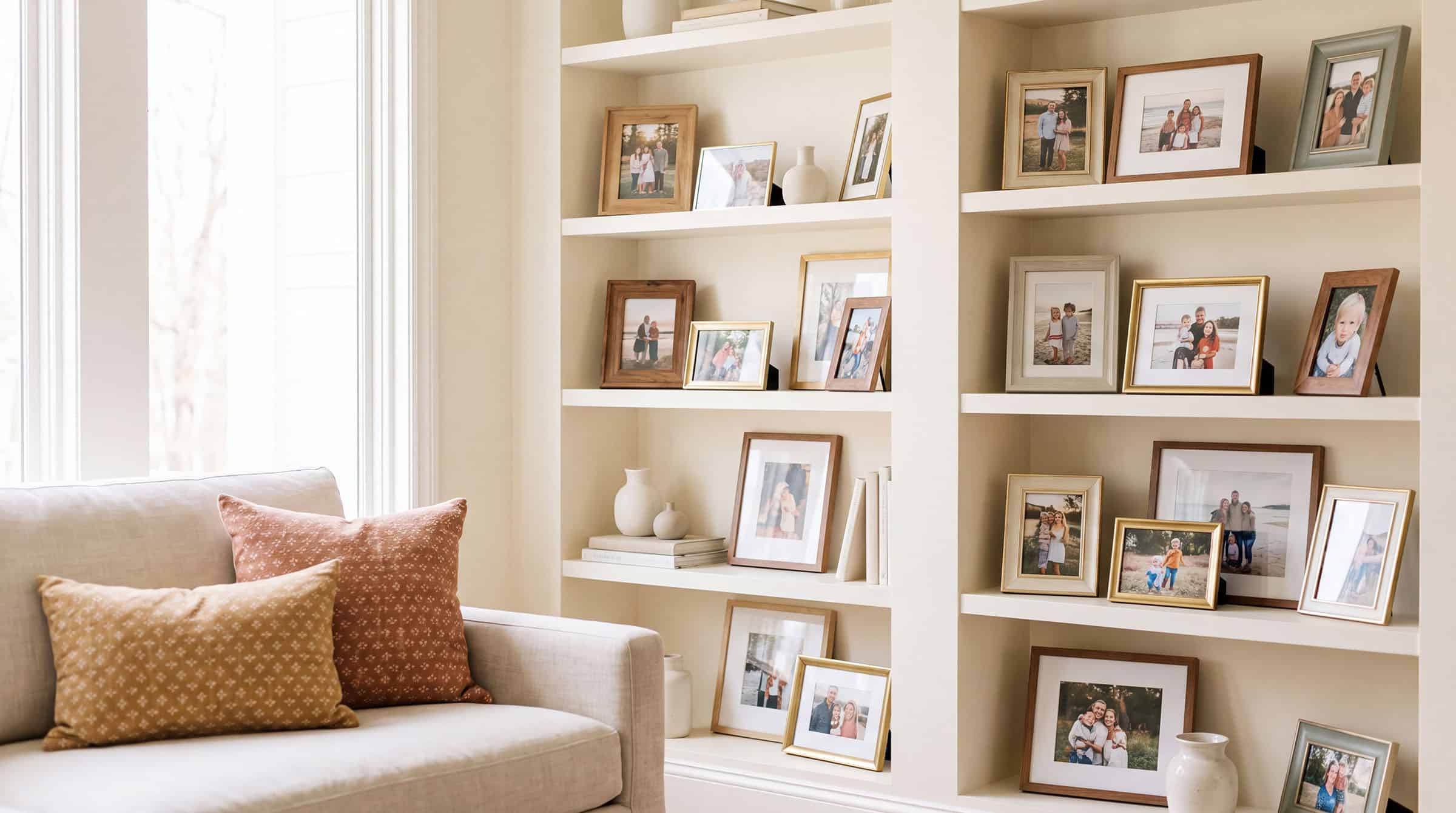Built-in shelves with framed family photos and sofa