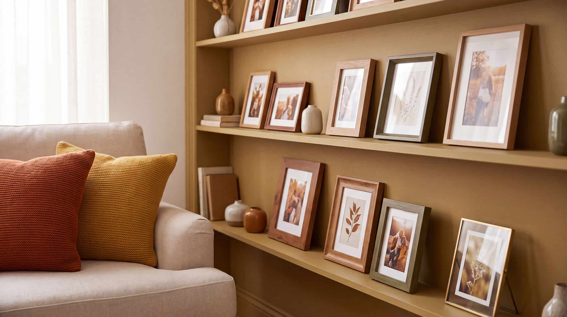 Cosy armchair beside shelves of framed photographs and vases