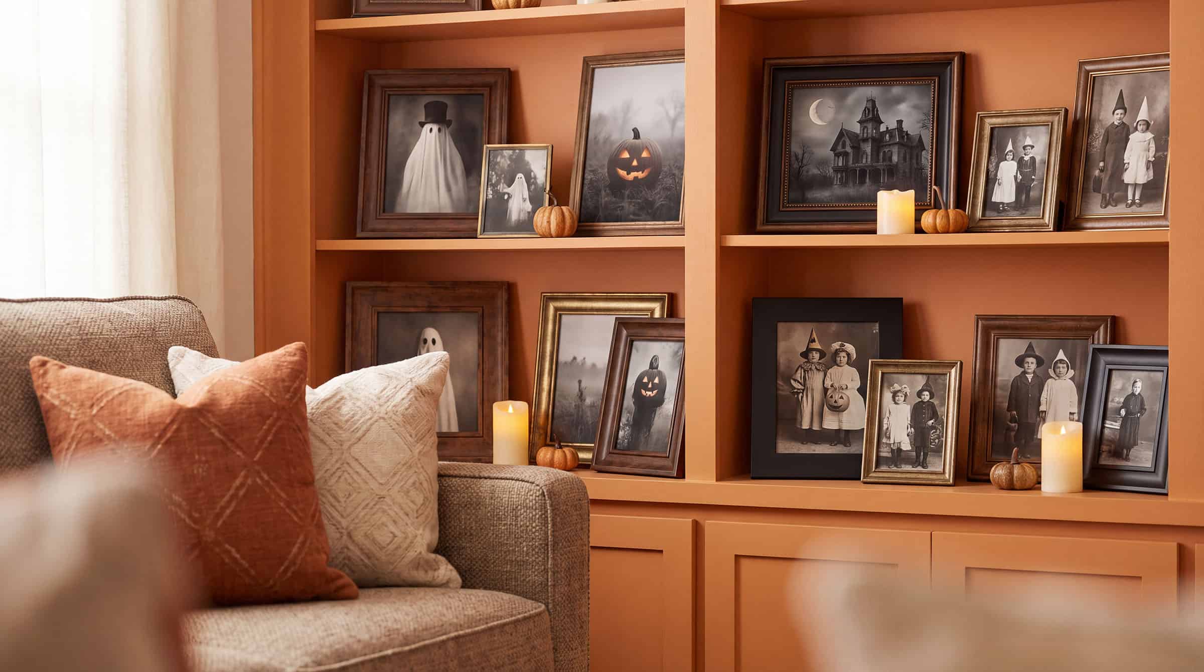 Halloween-themed framed photographs, pumpkins and candles on shelving